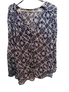 Lucky Brand Navy and White Printed V-Neck Tunic